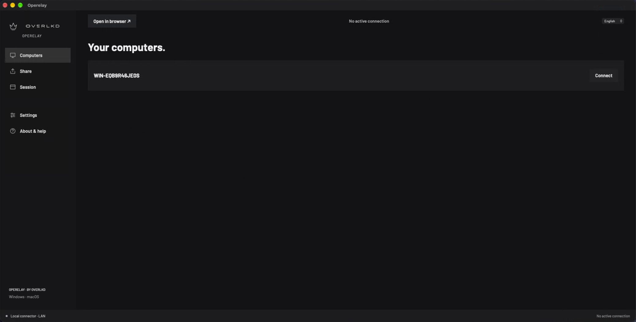 Operelay desktop app with the local computer list and connection controls.